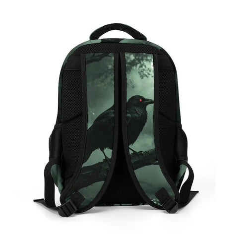 Back view of Dope Red Eye Crow Mist Woods Printed Backpack showing straps and crow print detail, made from durable polyester.
