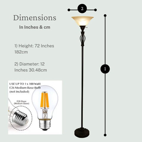 Bronze Floor Lamp With Glass Alabaster Swirl Amber Shade, dimensions diagram showing height 72 inches, base 12 inches