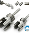 4 In 1 PVC Pipe Threader Kit For One Half And Three Quarter Inch Pipes Internal And External Threading Drill Compatible Easy No Fuss DIY Plumbing Tool For Plastic Pipes shown with threading tools and PTFE tape