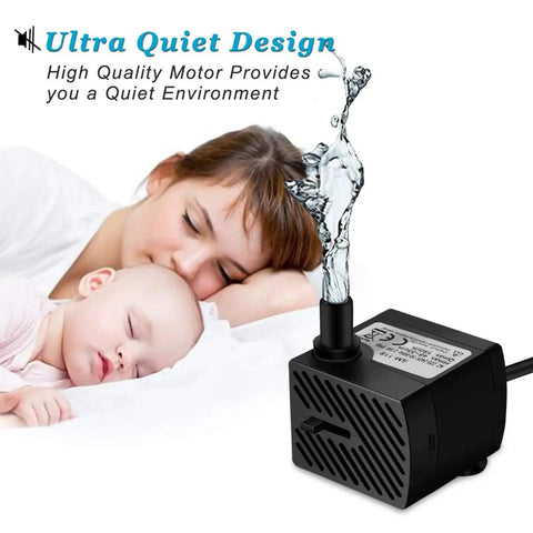 Whisper Quiet 3W 50GPH Mini Submersible Water Pump for Small Fountains, shown with sleeping mother and baby, ultra quiet design
