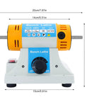 Heavy Duty Top Notch 320W Variable Speed Bench Polisher Built Like A Tank For Jewelry Crafters And Weekend Warriors Featuring Knockout RPM And Sweet Cooling Vents, front view with dimensions.