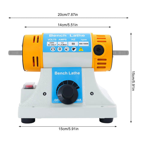 Heavy Duty Top Notch 320W Variable Speed Bench Polisher Built Like A Tank For Jewelry Crafters And Weekend Warriors Featuring Knockout RPM And Sweet Cooling Vents, front view with dimensions.