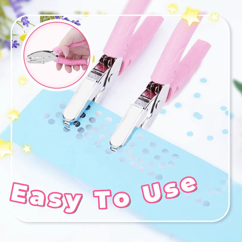 Three Pack Handy Metal Handheld Hole Punch Set For Crafting And Scrapbooks with soft grip handles in use on blue paper