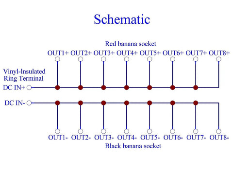 Schematic of 8 Port DC Power Distribution Strip With Banana Jack Outputs Heavy Duty Pro Lab Power Splitter For 0 To 60V DC 50 Amp