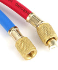 No Sweat One Point Five Meter AC Recharge Hose With Easy Turn Valves Six Hundred Psi Pressure Rated Quarter Inch Tube end fittings.