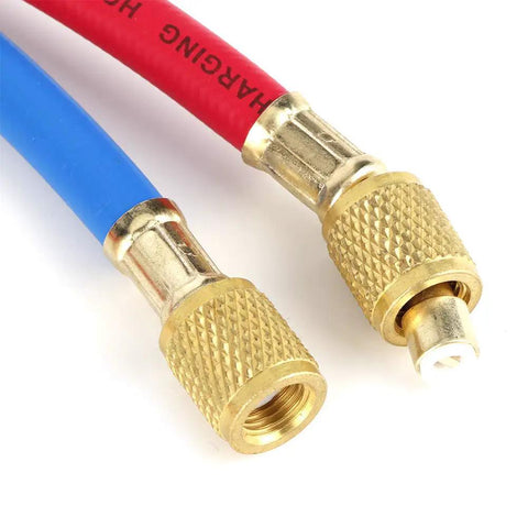 No Sweat One Point Five Meter AC Recharge Hose With Easy Turn Valves Six Hundred Psi Pressure Rated Quarter Inch Tube end fittings.