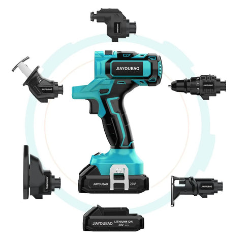 20V Max Electric Drill Tool Combo Kit 5 In 1 Multi Head Power Drill Set layout with attachments and batteries