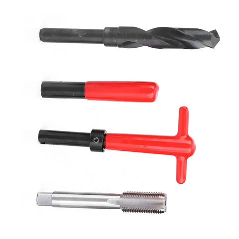 10 Piece Stainless Steel Thread Repair Kit With Twist Drill Tap Breaker Inserts And Hex Wrenches For M18x1.5 Car Threads Rethread Restoration And Beast Mode Heavy Duty Thread Repair showing tools