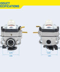 Front and side view of Carburetor Kit Replacement For Ryobi 25Cc 2 Cycle Trimmers RY251PH RY252CS RY253SS RY254BC with dimensions.