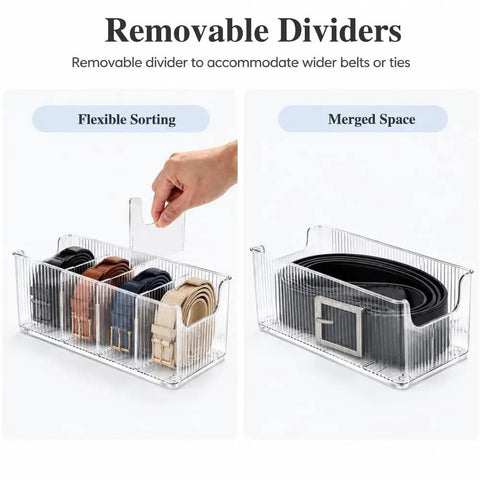Hella Convenient Belt Organizer 2 Pack With Smart Drawer Compartments For Closet Storage shows removable dividers for flexible sorting.
