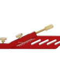 Dead On Precision Guitar Nut Scribe Tool And String Marker For Acoustic Classical Instrument Repairs Saddle Height Measurement Built Hella Sturdy From Brass And Aluminum Alloy In Red, side view showing adjustable fret gauge.