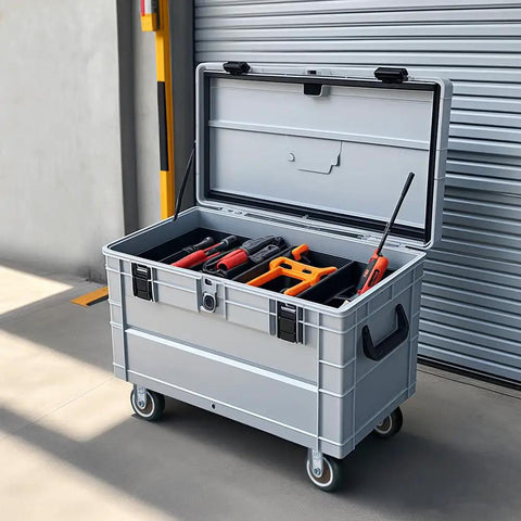 Heavy Duty 2 Inch Rigid Caster Wheels Set Of 4 Beater Proof Tpr Casters Straight Up Smooth Floor Friendly Top Plate Mount open toolbox on casters with various tools inside.