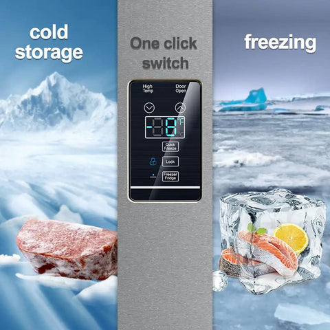 Built Different 18 Cu Ft Upright Freezer And Convertible Fridge With Tempered Glass Shelves showcasing digital controls for cold storage.
