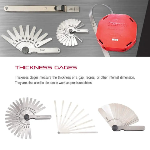 Tempered Steel English Thickness Gage With Easily Removed Leaves For Carpenters And DIY Pros 31 Leaves Covering One Half Inch To One Thirty Second Inch With Thickness Range From.0015 To.035 Inch displayed with leaves fanned out