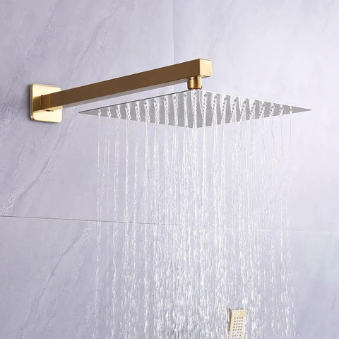 Dope Brushed Gold 10-Inch Rainfall Shower System With Wall Mounted Rain Head And Handheld Combo Rough-In Valve Body And Trim Included