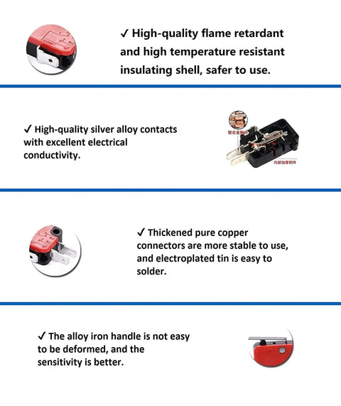 SPDT Micro Limit Switch Snap Action 3 Pin For Electronics And Automation Gear 15A 250V DC V15 Series features and materials