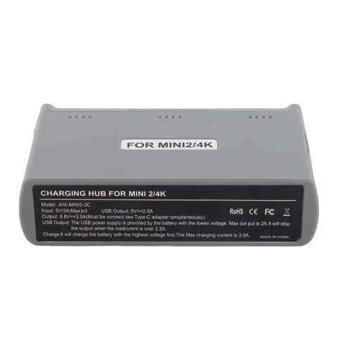 Back view of On The Go Portable Drone Battery Charging Hub for Mini 2 Mini SE and Mini 2 SE showing ports and labels