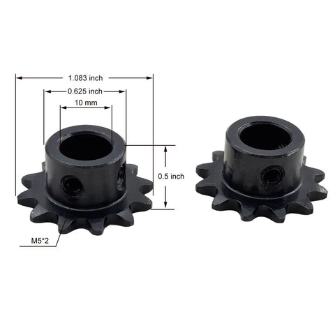 Two Pack Type B Roller Chain Sprockets For ANSI 25 Chain, Twelve Teeth, Ten Millimeter Bore, One Quarter Inch Pitch, Hardened 1045 Steel