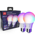 WiFi Smart LED Bulb 10W 60W Equivalent Multicolor RGB Tunable White 2000K To 5000K A19 E26 Frosted No Hub Required Voice Activated Works With Google Assistant And Alexa Two Pack with packaging