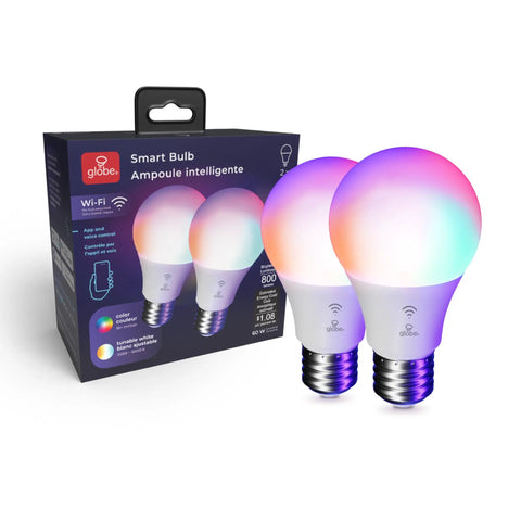 WiFi Smart LED Bulb 10W 60W Equivalent Multicolor RGB Tunable White 2000K To 5000K A19 E26 Frosted No Hub Required Voice Activated Works With Google Assistant And Alexa Two Pack with packaging