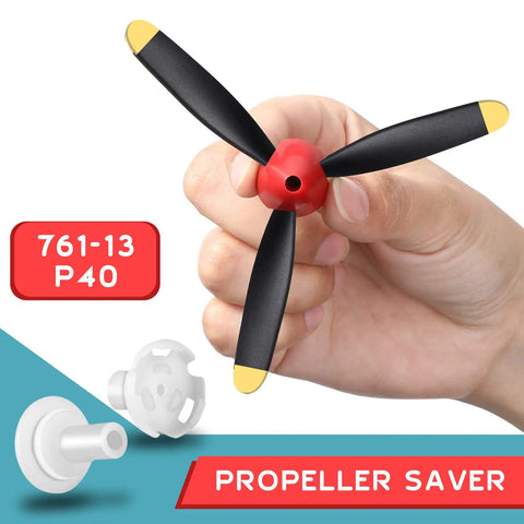 Three Sets Spare RC Plane Propellers 3 Blade Propellers For P40 Fighter RC Plane 76113 held in hand with propeller saver