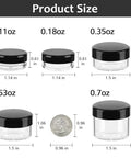 Image showing sizes of 10 Piece Clear Acrylic Makeup Travel Jars With Lids In 0.11 Oz to 0.7 Oz, with quarter for scale.