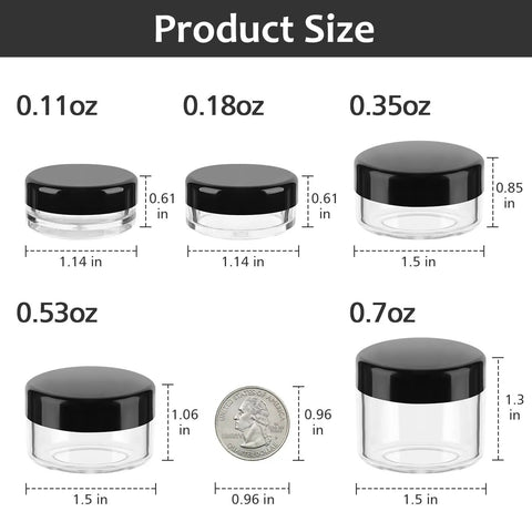 Image showing sizes of 10 Piece Clear Acrylic Makeup Travel Jars With Lids In 0.11 Oz to 0.7 Oz, with quarter for scale.