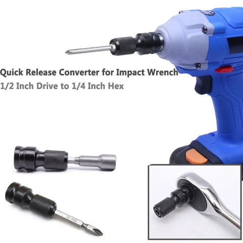 Quick Release 1/2 Inch Square Drive to 1/4 Inch Hex Female Socket Adapter Chuck Converter displayed with impact tools.
