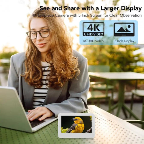 Woman using 4K Telescope Eyepiece Camera with 5 Inch HD Display for nature watching, bird visible on small screen.