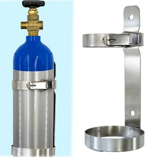 Wall Mounted Oxygen Tank Holder Rack for 11.5 Inch, 14 Inch, and 14.5 Inch Cylinders with Base and Safety Strap in stainless steel