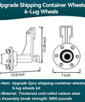 Diagram of Two Pack Heavy Duty Shipping Container Wheels Kit With 6 Lug Axle, dimensions labeled, made of carbon steel.