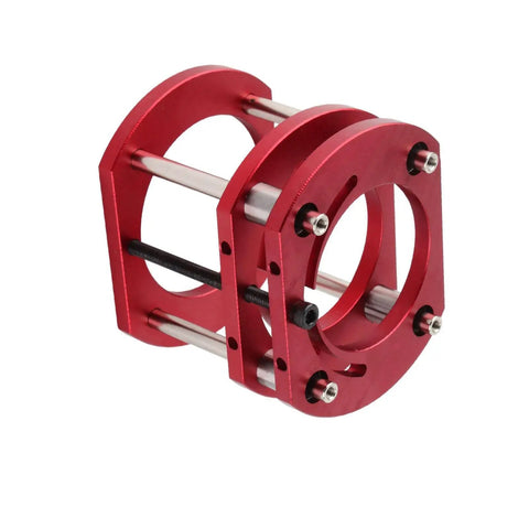 Router Lift System With 4 Jaw Clamping For Rock Solid Accuracy, 51mm Lift Height, Stable Mount For Small Trimming Machines, Fits 64mm To 66mm Motors, Crank Handle Upgrade For Smooth, Vibration Free Edge Cuts. Red aluminum router lift system with 4 jaw clamping