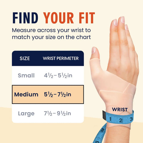 Size chart for Waterproof Thumb And Wrist Brace For Arthritis Tendonitis Carpal Tunnel And Trigger Thumb With Doctor Developed Spica Splint.
