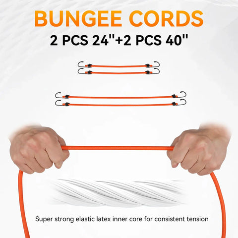 Heavy Duty Ratchet Tie Down Straps 1500 Lb Break Strength With S Hooks Safety Clips And Soft Loops, showing bungee cords in use.