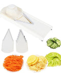 V Shape Mandoline Slicer For Quick Safe Veggie Slicing And Grating With Non Slip Base And Hand Guard, sliced veggies shown