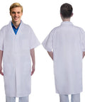 Front and back view of Soft Breathable Scientist Doctor Costume For Halloween Lit Theme Night White Short Sleeve Unisex Lab Coat With Stethoscope Durable Adult Outfit For Nurse Student Or Scientist Long Lasting And Comfortable.