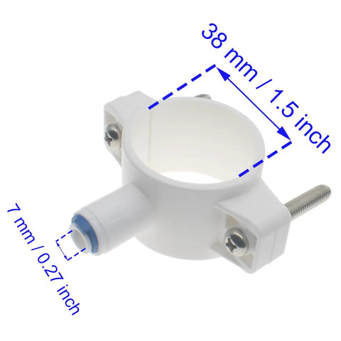 Drill In Drain Saddle Valve Clamp 1/4 Inch Quick Connection White POM for Under Sink Water Filtration RO Systems with size dimensions