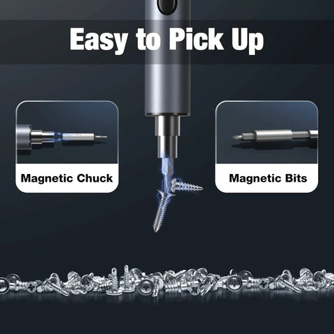 Close-up of magnetic chuck and bits in Mini Electric Screwdriver Kit With All In One Precision, Dual Torque Settings, LED Light.