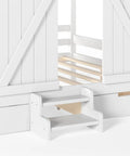 Kid Approved Full Size Floor Bed Frame With Sliding Barn Door And Built In Soft Glow Light Farmhouse House Shaped Sleeper features built-in steps and storage.