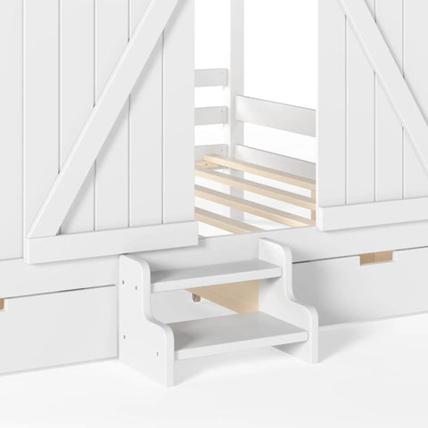 Kid Approved Full Size Floor Bed Frame With Sliding Barn Door And Built In Soft Glow Light Farmhouse House Shaped Sleeper features built-in steps and storage.
