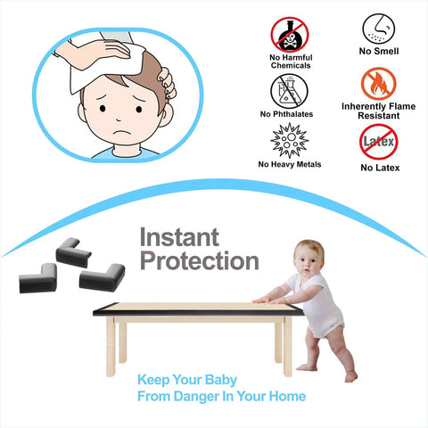 Kid Safe Edge And Corner Guard For Baby Proofing Furniture 18ft Of Edge Guards And Eight Corner Cushions Black High Density Foam Bumpers For Tables Cabinets And Fireplaces, with a child illustration, safety icons, and a baby by a table.