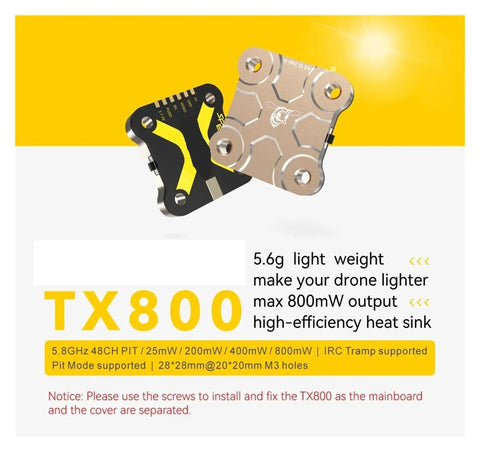 TX800 5.8G VTX Transmitter With 48 Channel PitMode shown with mounting instructions