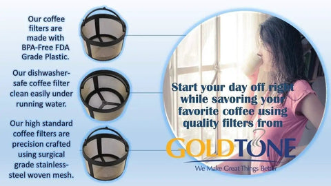 Reusable 4 Cup Basket Style Coffee Filter With Mesh Bottom For Mr Coffee Makers And Brewers, Permanent Stainless Steel Filter That Fits Most 4 Cup Coffeemakers, Reduces Waste And Delivers Clean Rich Brews Every Time with woman enjoying coffee.