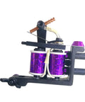 Shader Tattoo Machine Coil Kit 1.25 Inch 24 AWG 10 Wrap Copper Wire Non Bobbin 47uF 50V With 1018 Low Carbon Steel Frame US 8-32 Thread Built For Smooth Shading Durability And All Day Sessions. Black coil tattoo machine with purple wrapped coils.