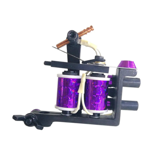 Shader Tattoo Machine Coil Kit 1.25 Inch 24 AWG 10 Wrap Copper Wire Non Bobbin 47uF 50V With 1018 Low Carbon Steel Frame US 8-32 Thread Built For Smooth Shading Durability And All Day Sessions. Black coil tattoo machine with purple wrapped coils.