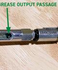 Push-on slotted right-angle grease coupler, chrome metal, LockNLube branding, side view