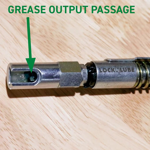 Push-on slotted right-angle grease coupler, chrome metal, LockNLube branding, side view