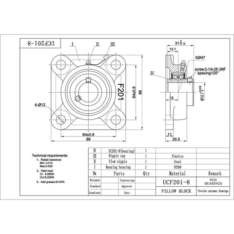 Technical diagram of Rugged Pillow Block Bearing Set Pack Of Four With Square Flange Mounts Self Aligning Chrome Steel Bearings Half Inch Bore UCF201 8 Style Heavy Duty Industrial Grade Bearings For Machinery.