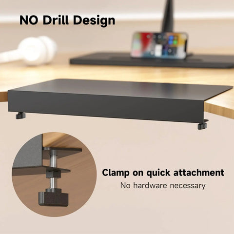 17 Inch Black Corner Desk Extender For L Shaped Workstations showing no drill clamp mount design for easy attachment.