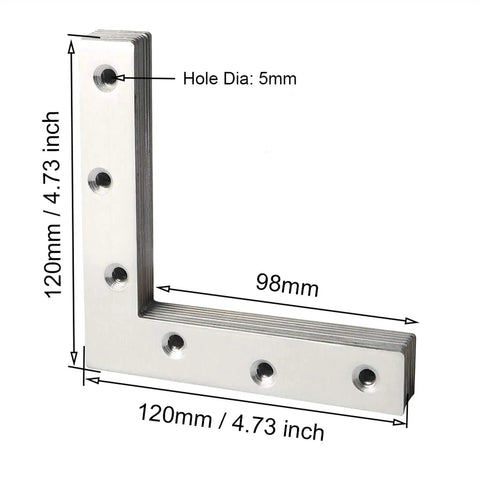 Heavy Duty Stainless Steel Corner Braces Built Like A Tank For Rock Solid Furniture Repair And Diy Fixes Comes In 4 Or 10 Piece Pack Measuring 120X120mm with holes.